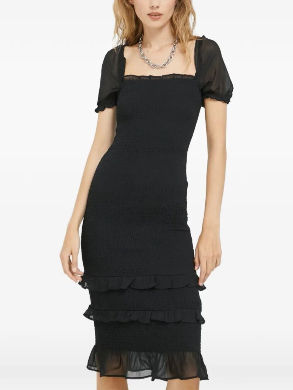 Abercrombie & Fitch Black Puff-Sleeve Ruffle Midi Dress Large 8664